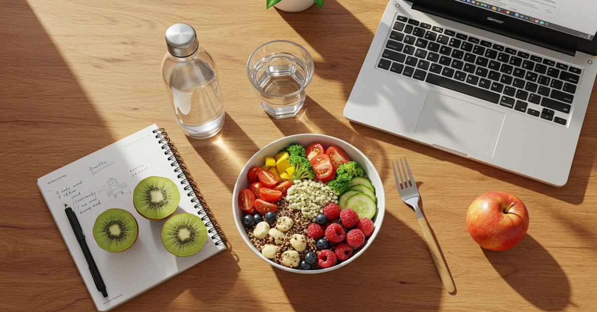 Weekly meal planning workspace with notebook and fresh produce
